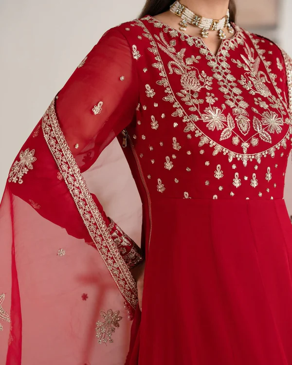 Elegant Red – Embroidered Chiffon Maxi Dress - Image 2