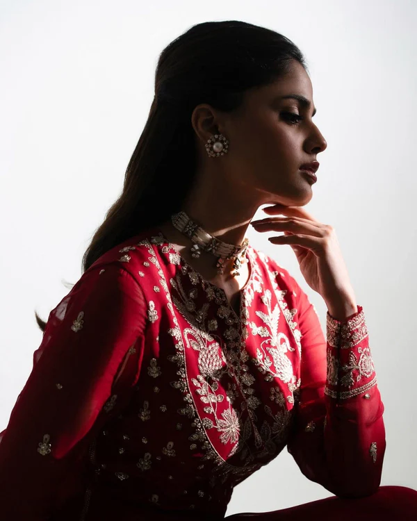 Elegant Red – Embroidered Chiffon Maxi Dress - Image 3