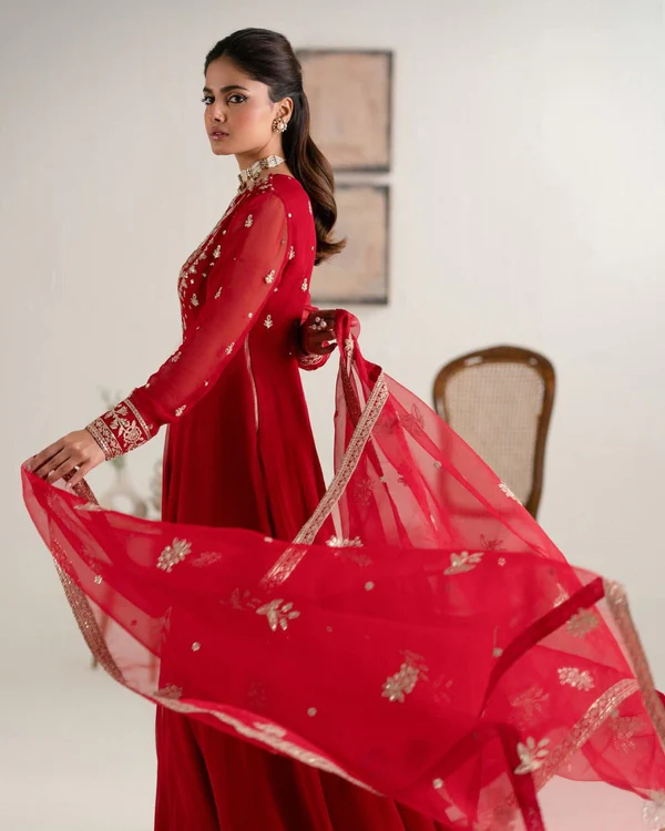 Elegant Red – Embroidered Chiffon Maxi Dress - Image 4