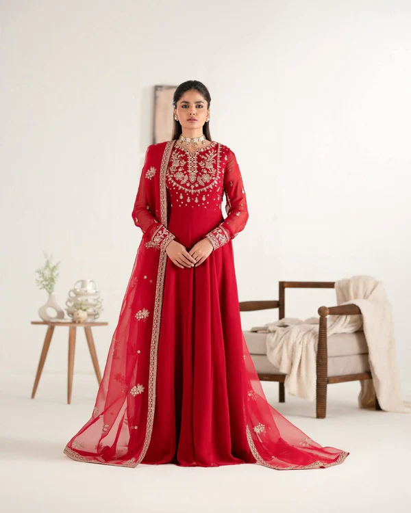 Elegant Red – Embroidered Chiffon Maxi Dress