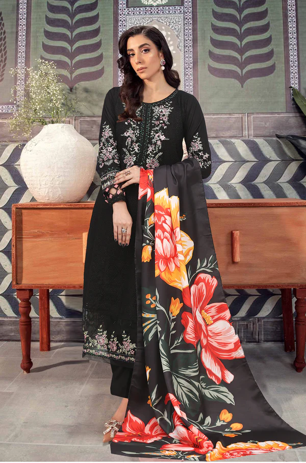 Mahpara Black – 3 Piece Stitched Embroidered Dhanak Suit - Image 2