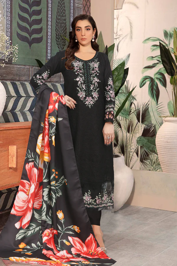 Mahpara Black – 3 Piece Stitched Embroidered Dhanak Suit